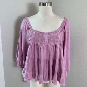 Lucky Brand Womens XL Purple Peasant Blouse Smocked Babydoll Tiered Top Shirt